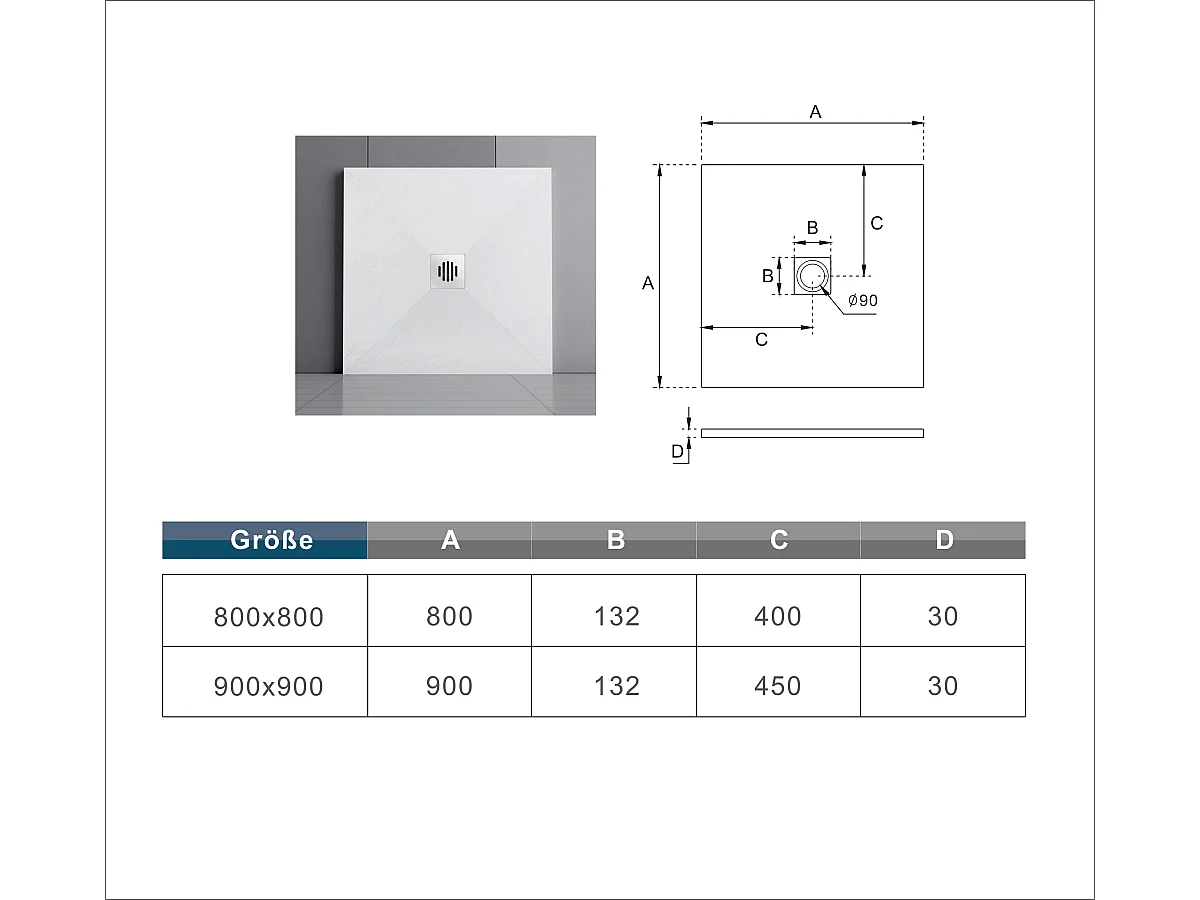 AICA Mampara de Ducha Cuadrada Abatible Perfil Cromado Antical 6mm (880-900)x(880-900)x1950mm+Plato de Ducha 90x90x3cm textura pizarra+Desagüe