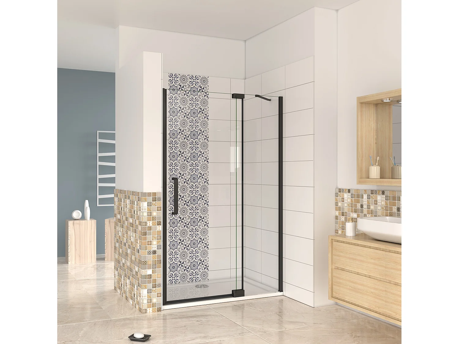 AICA Mampara de Ducha Frontal Abatible 2 Hojas,Perfil Negro Mate,Barra 400mm,Vidrio Antical 8mm (1150-1200)x1950mm