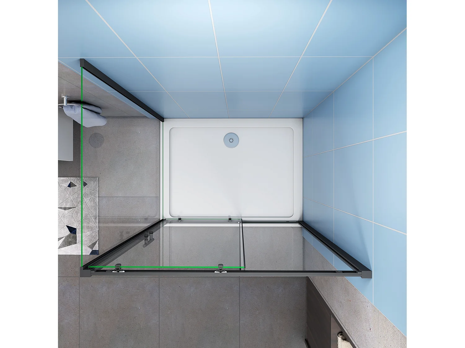 Porta de duche correr frontal com um Painel lateral vidro temperado 5mm Perfil preto mate (961-1001)x(680-700)x1850mm-AICA