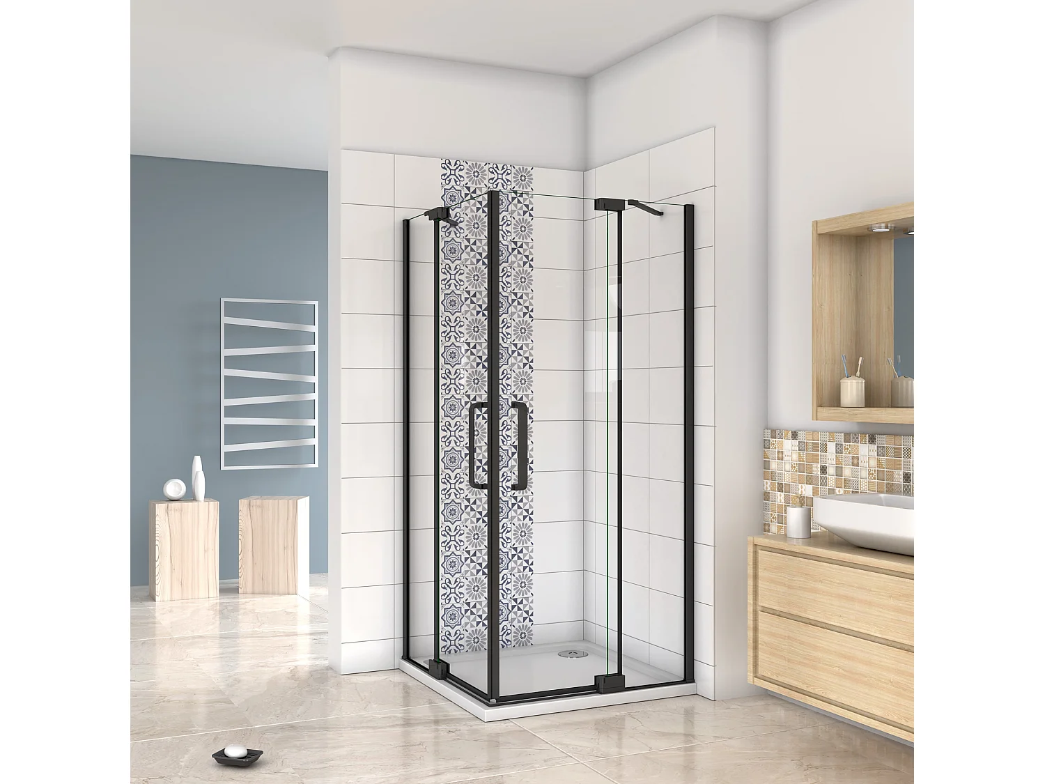 Cabine de duche quadrada Bater Perfil preto mate com Barra Estabilizadora Vidro Anticalcário 8mm (768-808)x(768-808)x1950mm-AICA