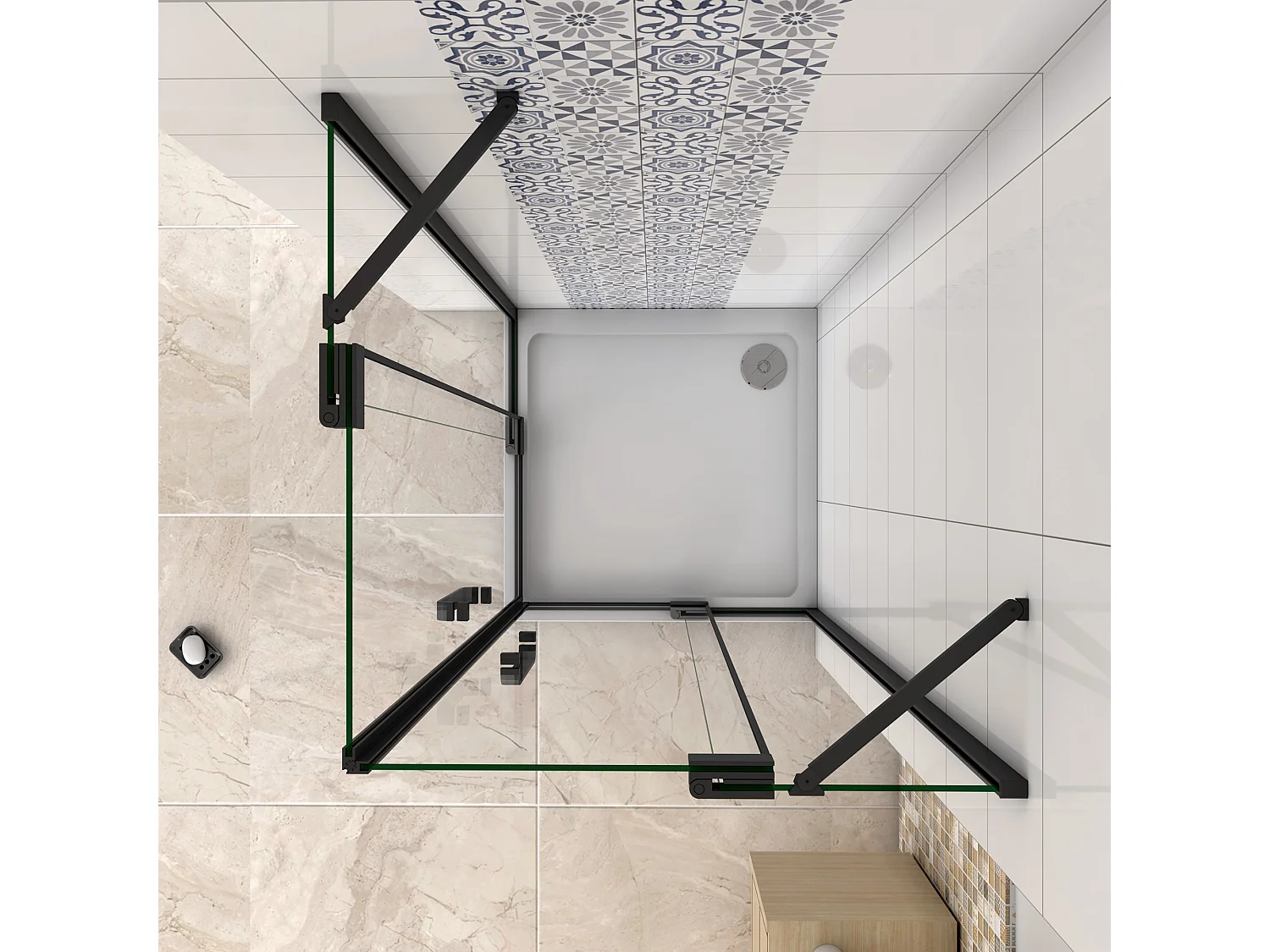 Cabine de duche quadrada Bater Perfil preto mate com Barra Estabilizadora Vidro Anticalcário 8mm (768-808)x(768-808)x1950mm-AICA