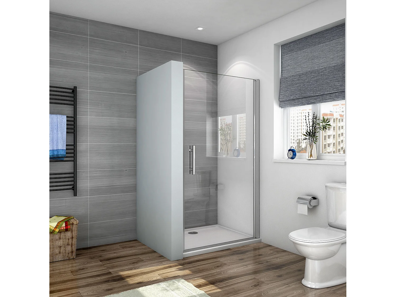 Porta de duche Bater 1 folha Perfil cromado Vidro Anticalcário 6mm (986-1016)x1950mm + Base de duche 100x70x3cm + Acessórios de drenagem-AICA