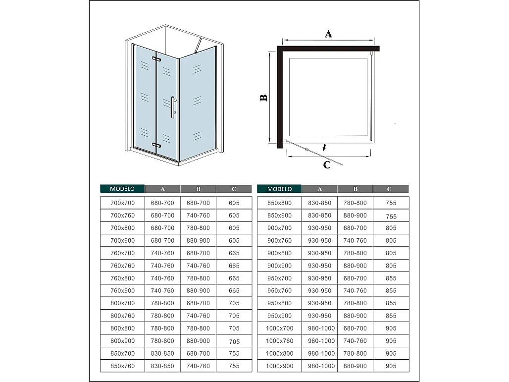 Porta de duche de fole e Painel lateral uma Barra 90cm Perfil cromado Vidro Anticalcário 6mm (740-760)x(880-900)x1950mm-AICA