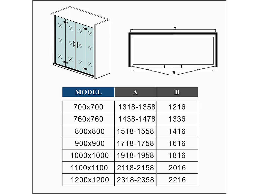 AICA Mampara de Ducha Frontal Plegable 4Hojas,Perfil Cromado,Vidrio Antical 6mm (1718-1758)x1950mm