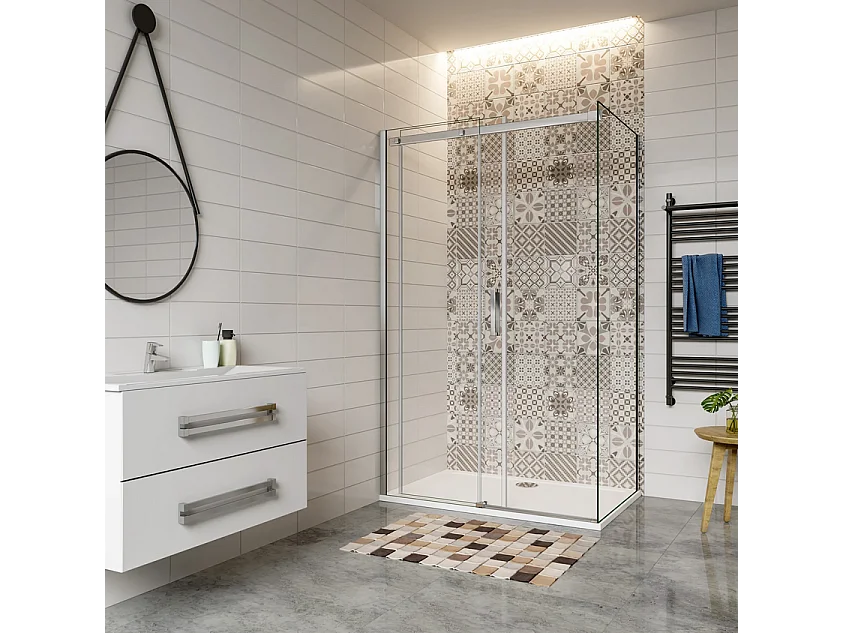 Porta de correr frontal e Painel lateral Perfil cromado Vidro temperado 6mm (1225-1245)x(683-703)x1950mm-AICA