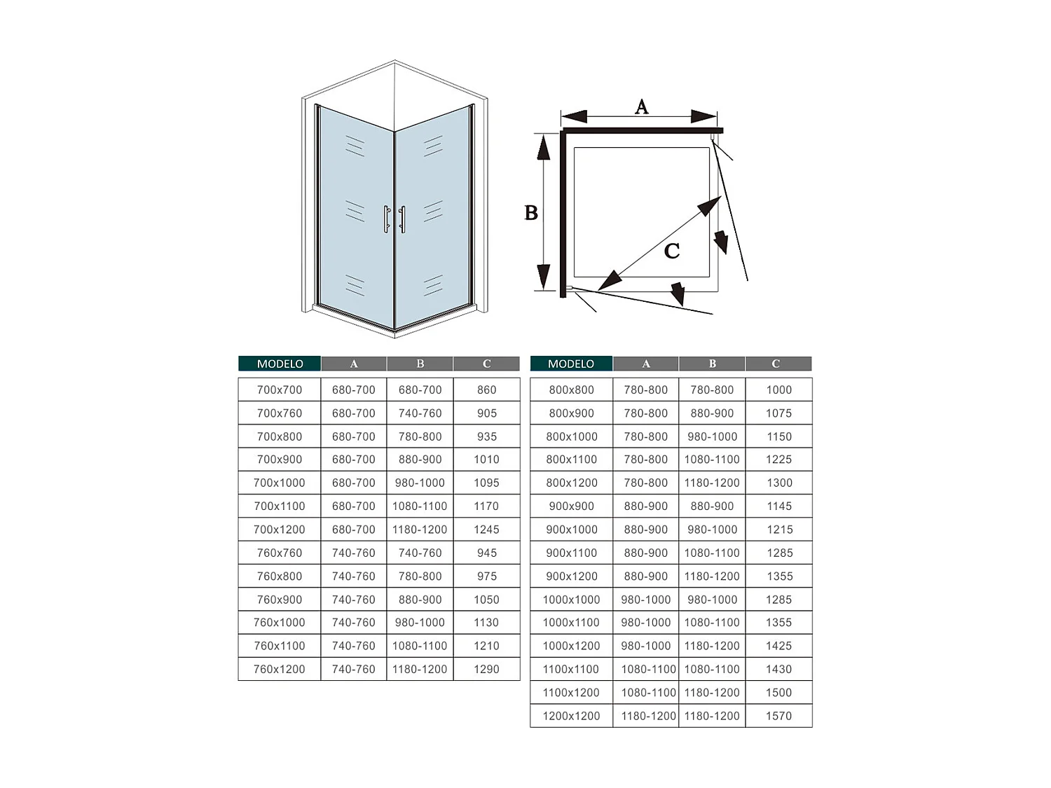 Cabine de duche quadrada Bater Perfil cromado Anticalcário 6mm (740-760)x(740-760)x1950mm + Base de duche 76x76x3cm + Acessórios de drenagem-AICA
