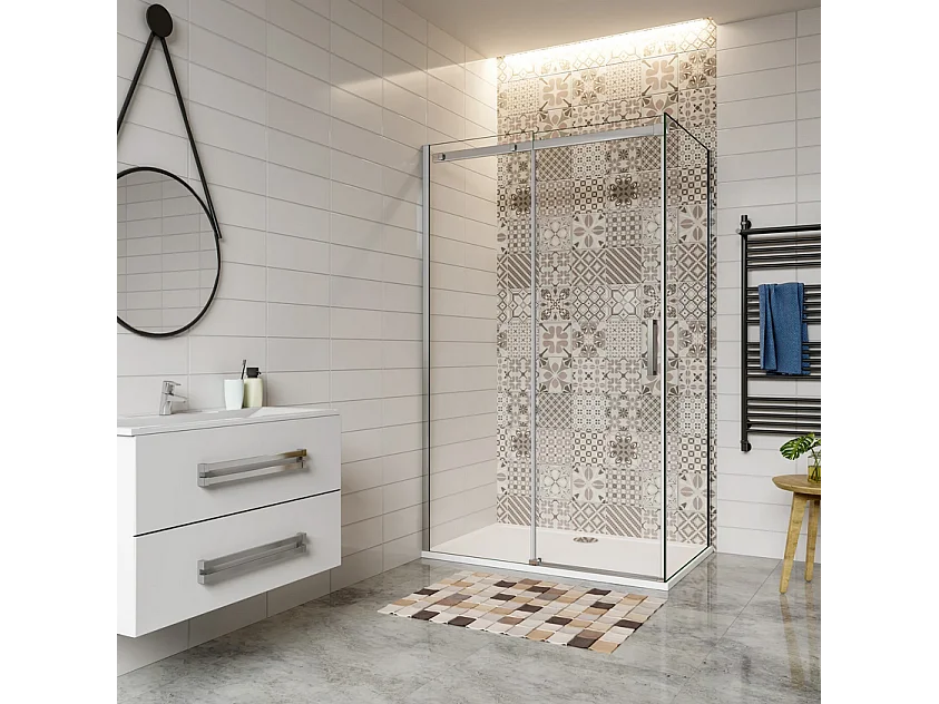 AICA Mampara Corredera Frontal+Panel Lateral,Perfil Cromado,Vidrio Templado 6mm (975-995)x(783-803)x1950mm