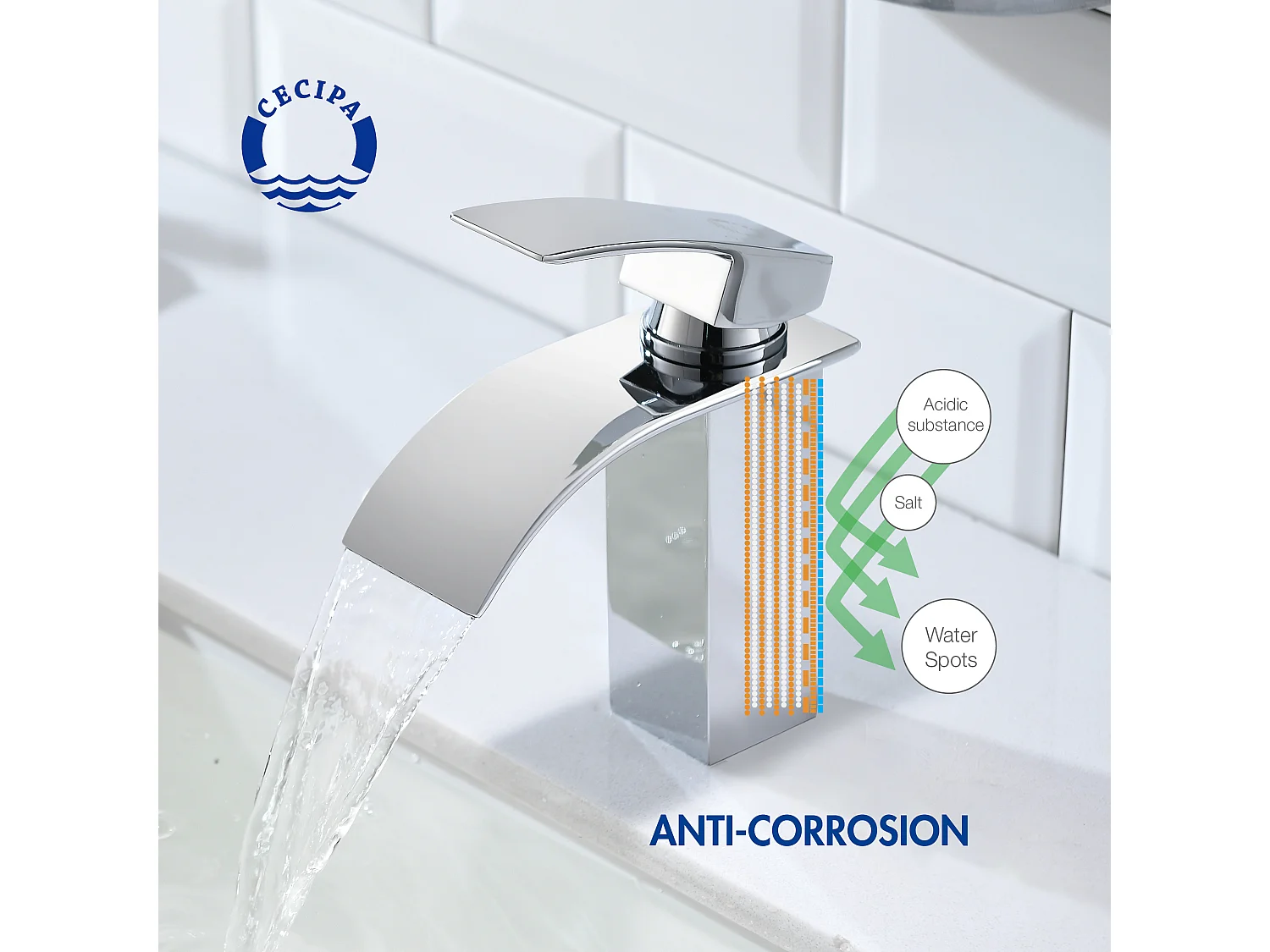 Rubinetto per lavabo a cascata Cecipa max, miscelatore per lavabo monocomando, acqua calda e fredda, cromato!,Modello UE