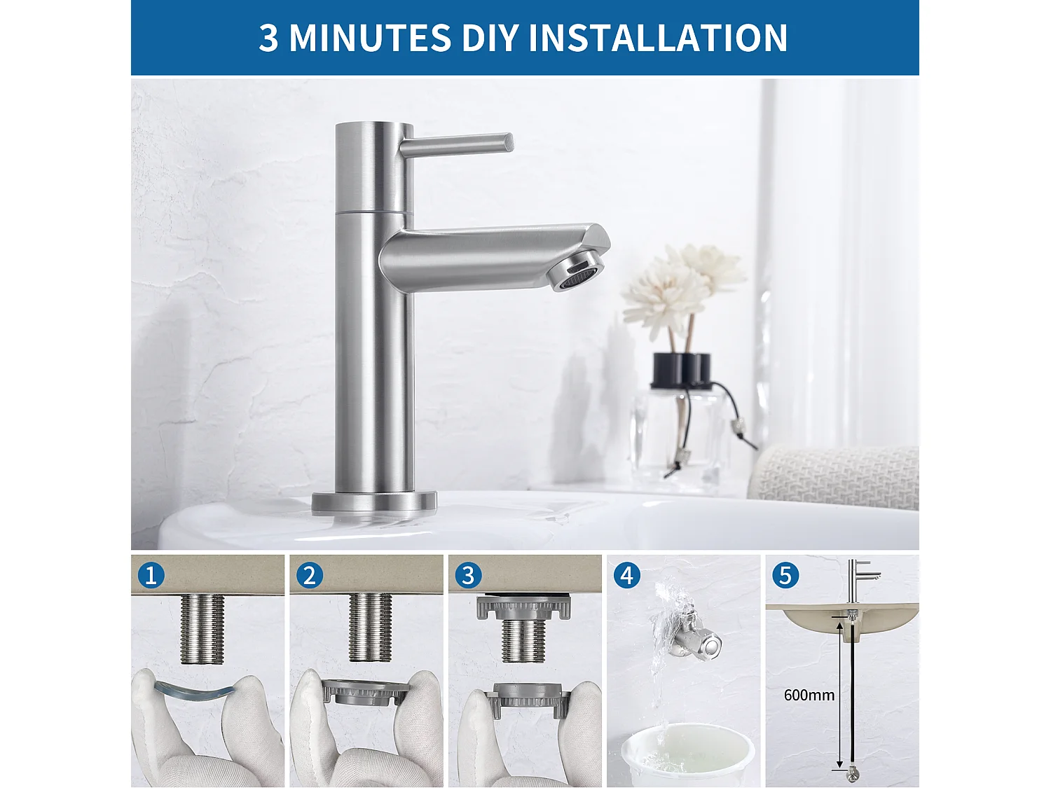 Cecipa max 2-teiliges Handwaschbecken-Wasserhahn, gebürsteter Kaltwasserhahn, mit austauschbarem Luftsprudler, EU-Modell