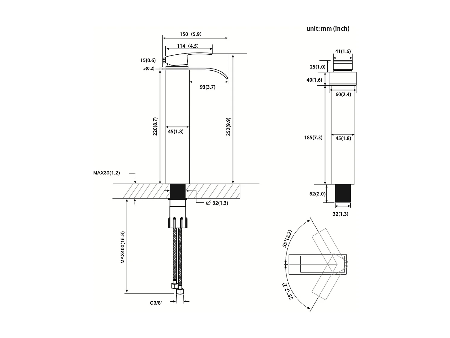 Cecipa max 2PCS Noir Robinet Cascade avec Haut Bec Mitigeur Lavabo Haut Mono-trou Robinetterie Lave-mains avec Levier Unique en Cuivre,EU Modèle