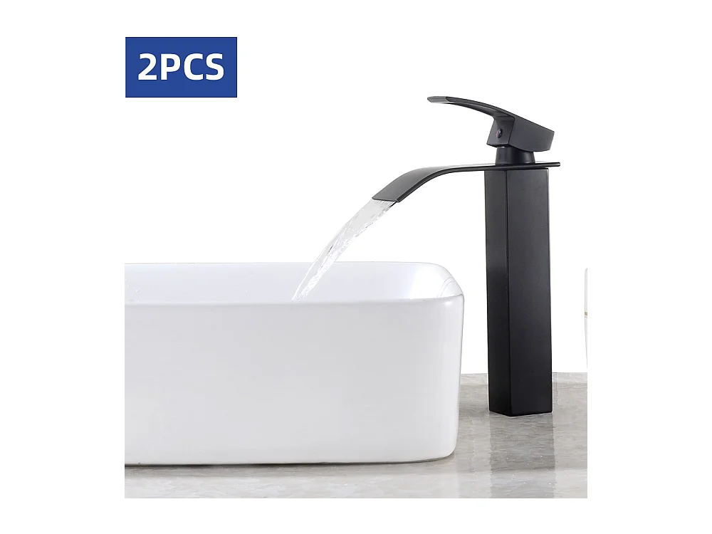 Cecipa max 2PCS Zwarte Watervalkraan met Hoge Uitloop Eengreeps Hoge Wastafelmengkraan Enkelgats Wastafelkraan met Eengreeps Koper,EU Model