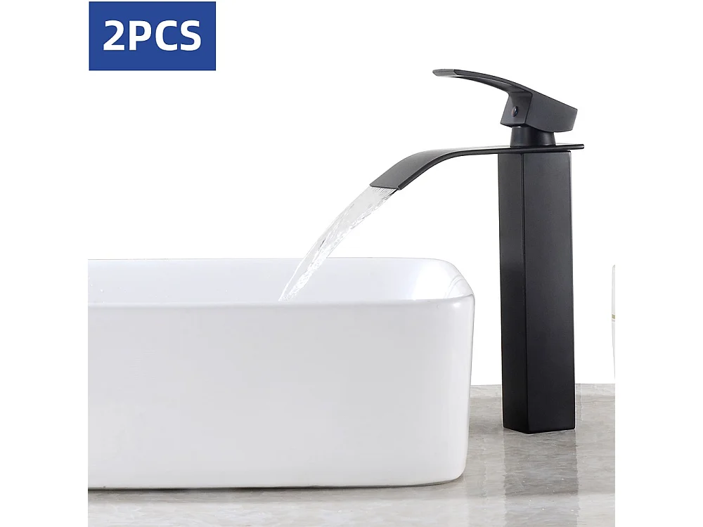 Cecipa max 2PCS Zwarte Watervalkraan met Hoge Uitloop Eengreeps Hoge Wastafelmengkraan Enkelgats Wastafelkraan met Eengreeps Koper,EU Model