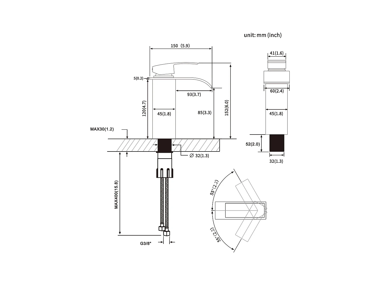 Cecipa max 2PCS Grifo de lavabo de cascada NEGRO Grifo mezclador de latón para baño Diseño moderno, Modelo UE