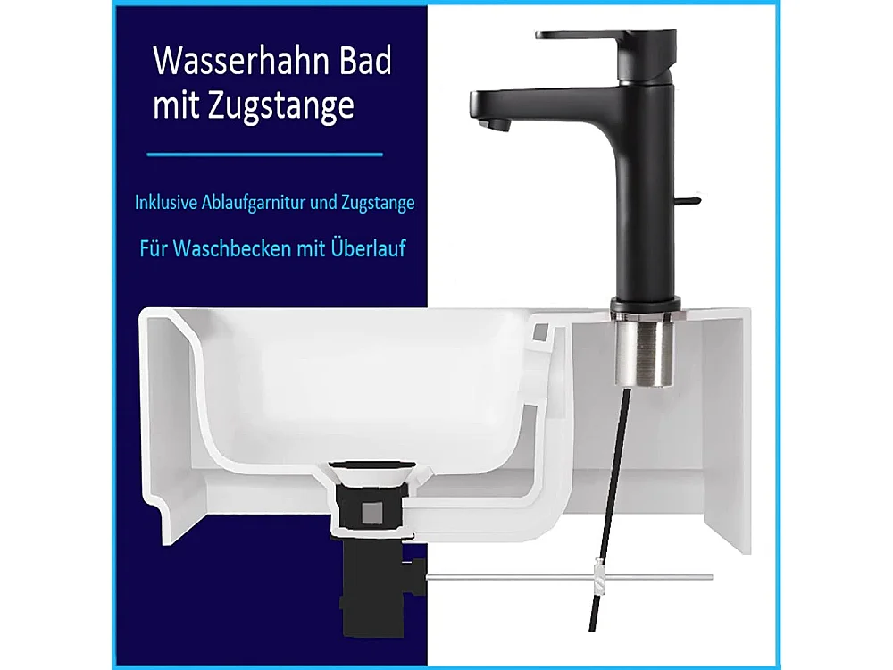 Cecipa max Waschtisch-Mischbatterie mit Zugstangen-Ablaufgarnitur, Badezimmer-Wasserhahn mit Ablaufhebel, normaler Wasserhahn, Schwarz, EU-Modell
