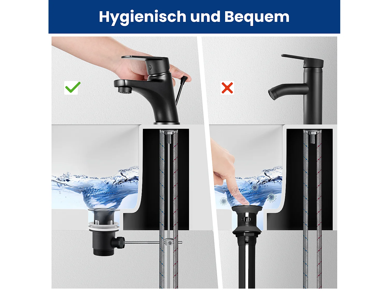 Cecipa max 2-teiliger schwarzer Badezimmer-Wasserhahn, Waschtisch-Wasserhahn mit herausziehbarer Ablaufgarnitur, Waschtisch-Mischbatterie aus Messing, EU-Modell