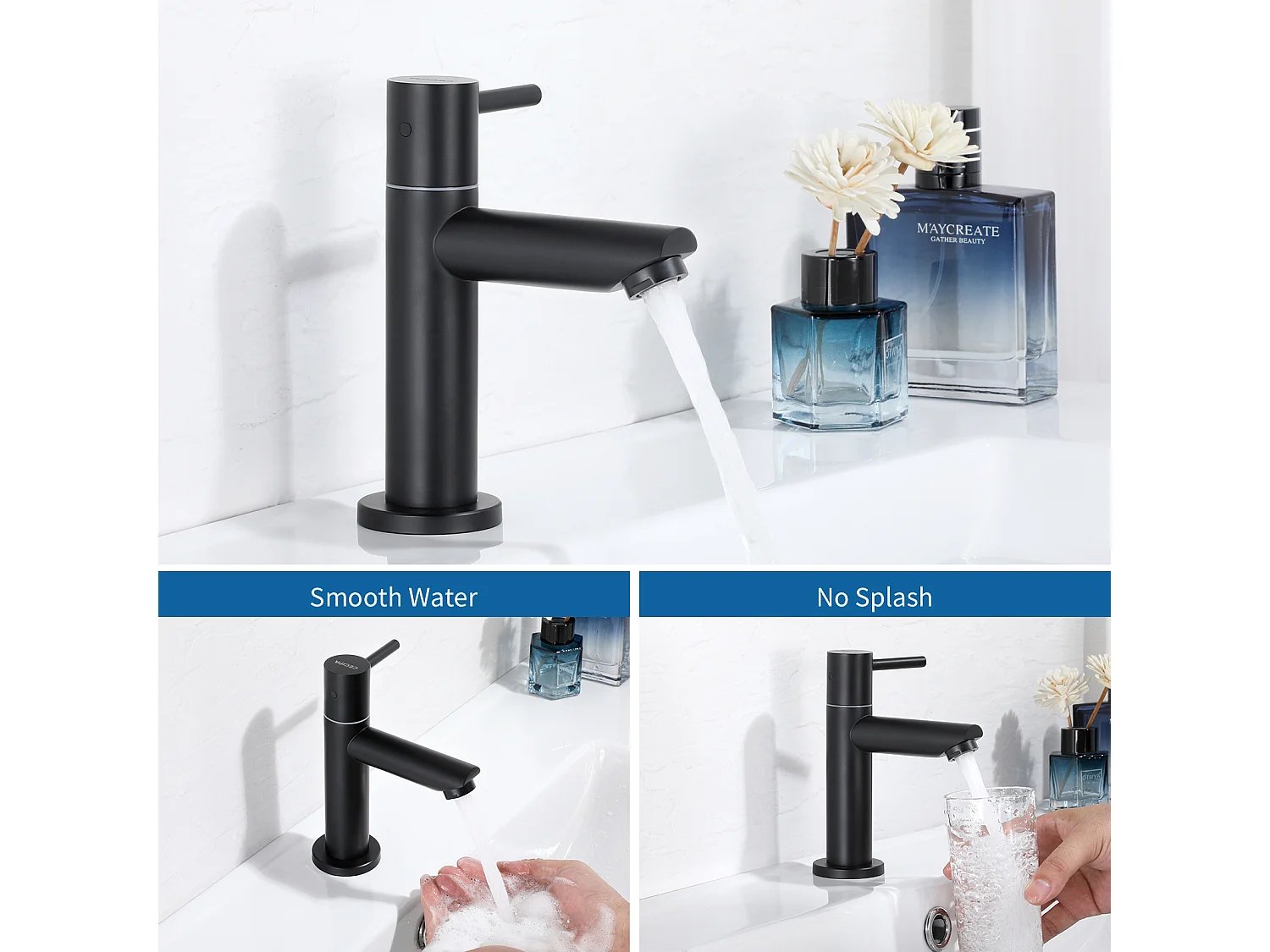 Cecipa max Grifo para Lavabo, Grifo para Agua fría, Grifo para Lavabo Negro, con aireador reemplazable, Modelo UE