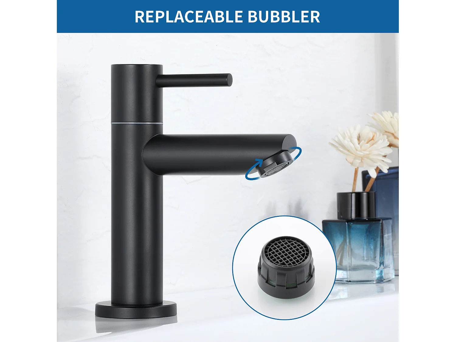 Cecipa max Grifo para Lavabo, Grifo para Agua fría, Grifo para Lavabo Negro, con aireador reemplazable, Modelo UE