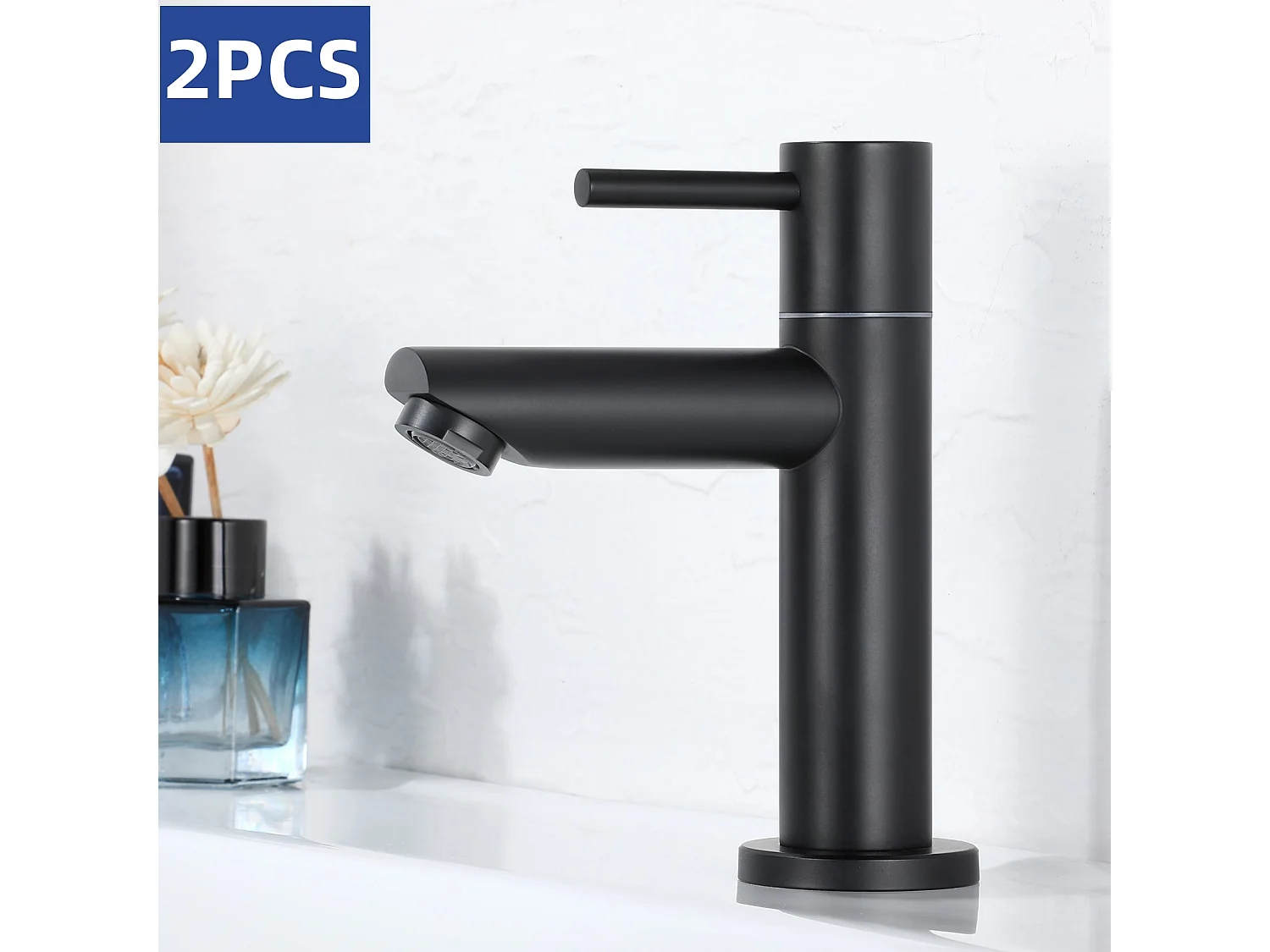 Cecipa max 2PCS Robinet de Lavabo NOIR Robinet pour Salle de Bain Robinet de Lavabo avec Bec Robinet Seulemtent pour l'Eau Froide,EU Modèle