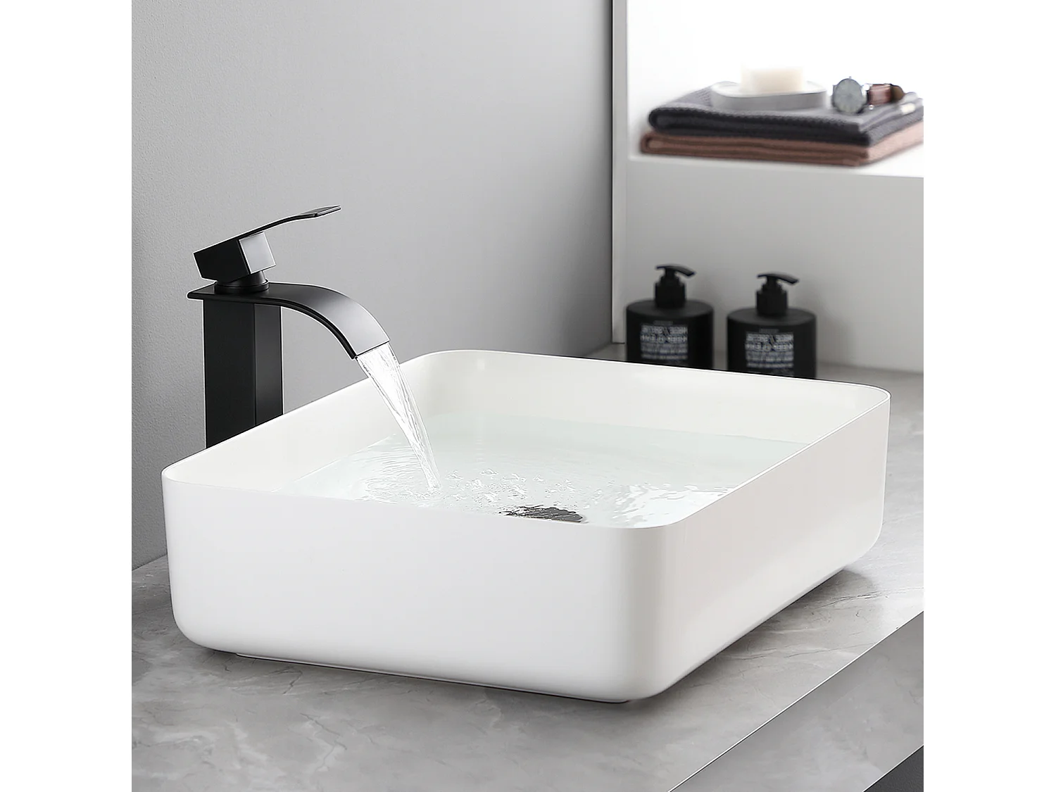 Cecipa max Grifo para lavabo en cascada negro, grifo monomando para lavabo sobre encimera para baño, mezclador para lavabo de diseño moderno, modelo UE