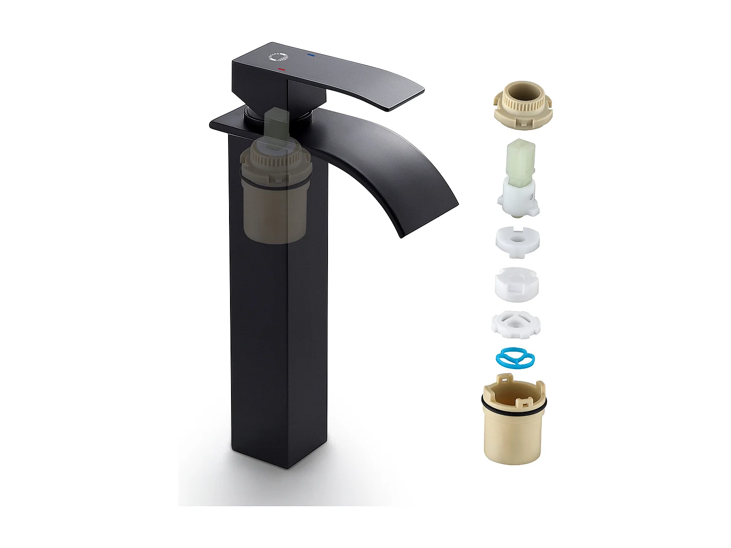 Cecipa max Rubinetto per lavabo a cascata nero, rubinetto per lavabo da appoggio monocomando per bagno, miscelatore per lavabo dal design moderno, modello UE