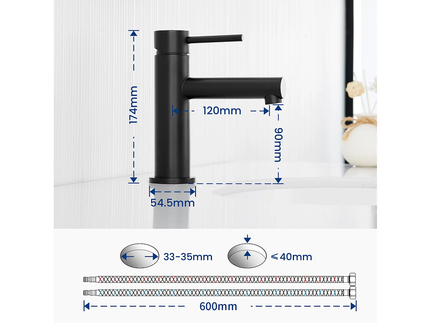 Cecipa max Schwarzer Waschbeckenhahn, Badezimmerwaschbeckenhahn, Badezimmerwaschbeckenmischbatterie, Kalt- und Warmwasser, EU-Modell