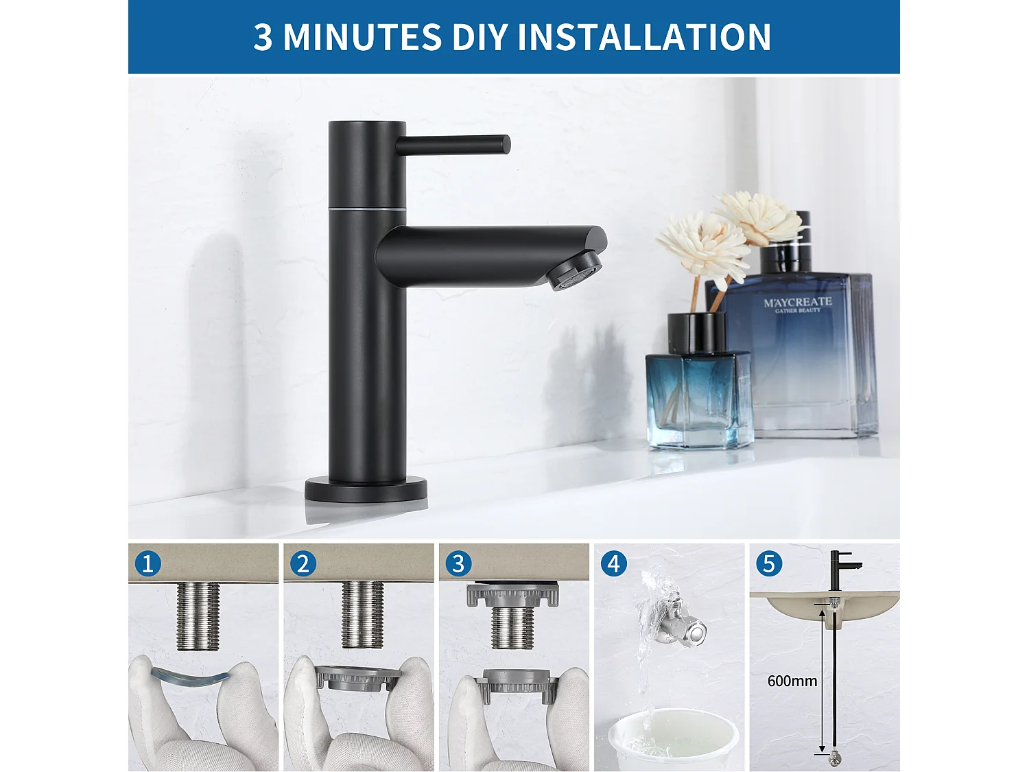 Cecipa max Robinet de Lavabo NOIR Robinet pour Salle de Bain Robinetterie de Lavabo avec Bec Robinet Seulemtent pour l'Eau Froide,EU Modèle