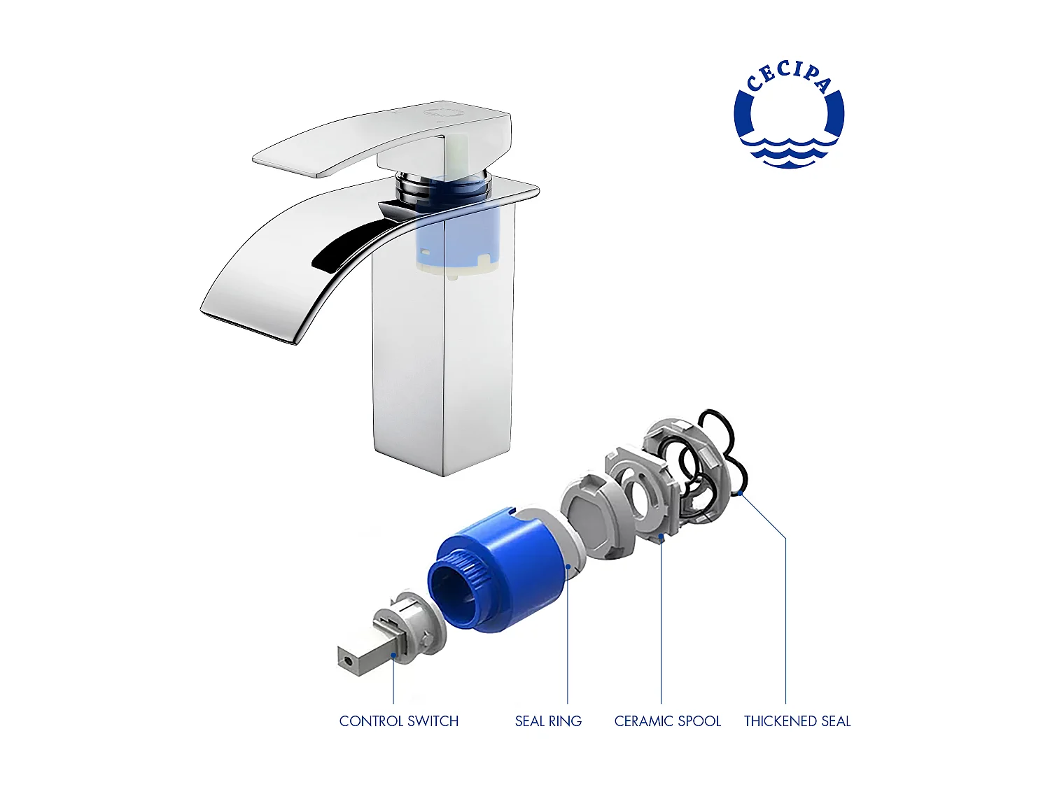 Cecipa max Wasserfall-Waschtischarmatur, Chrom und Spültischarmatur aus Edelstahl, quadratisch, EU-Modell