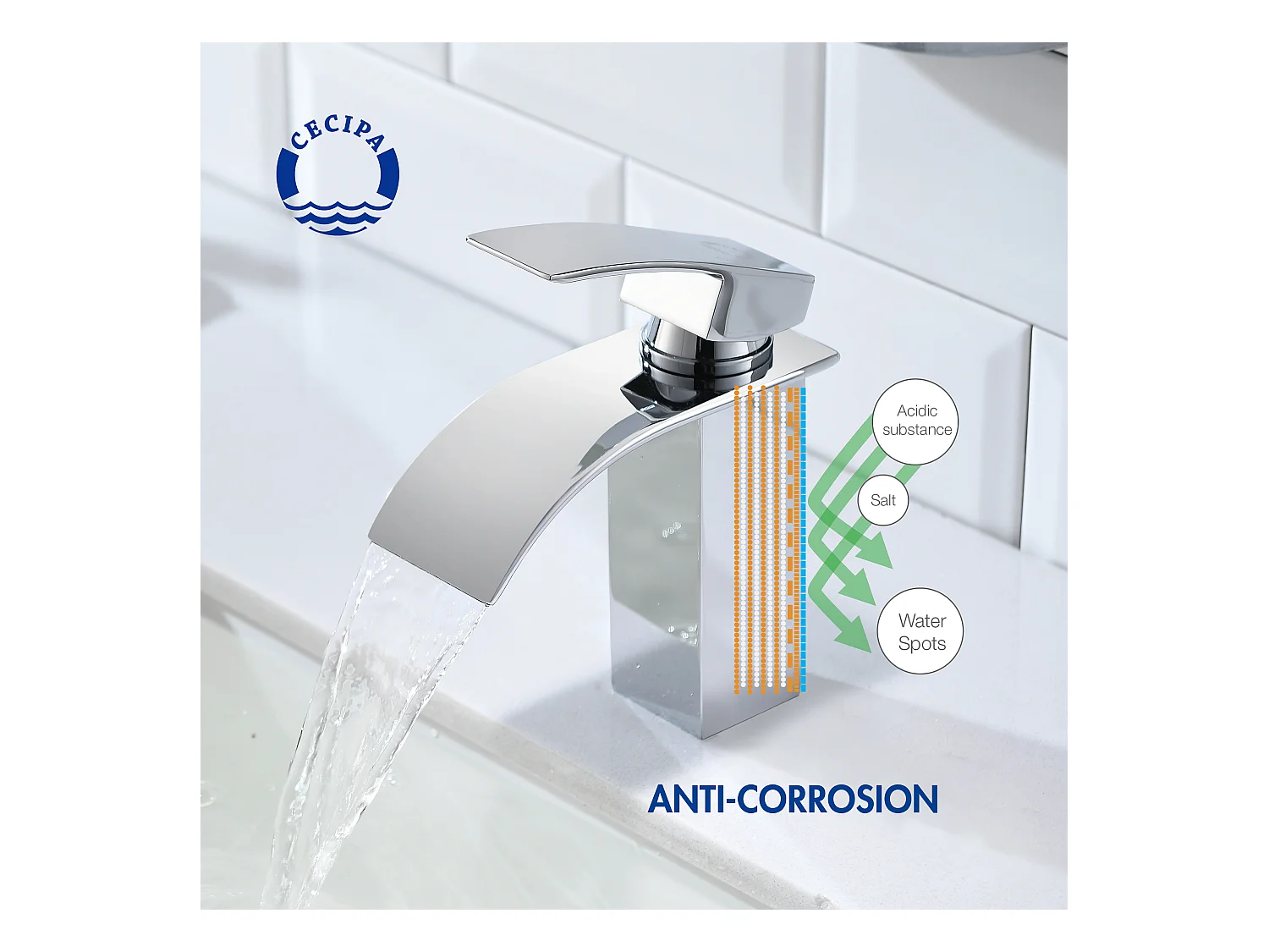 Cecipa max Mezclador de Lavabo en Cascada Cromado y Grifo para Lavabo Cuadrado de Acero Inoxidable, Modelo UE