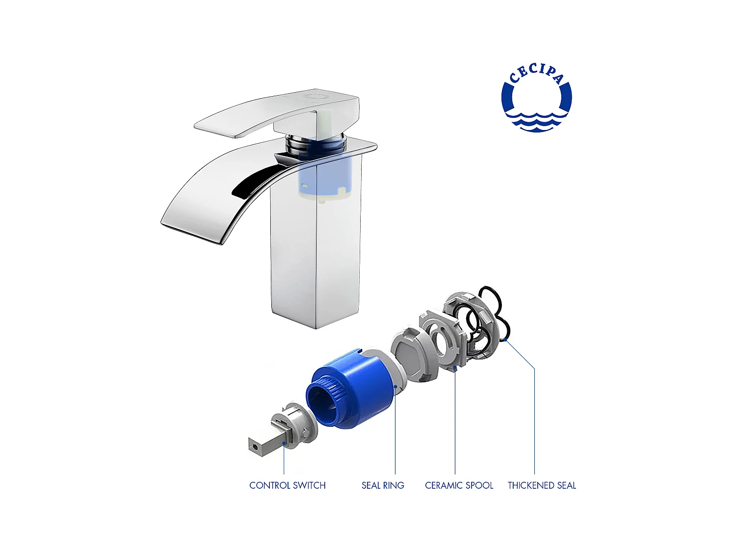 Cecipa max Mezclador de Lavabo en Cascada Cromado y Grifo para Lavabo Cuadrado de Acero Inoxidable, Modelo UE