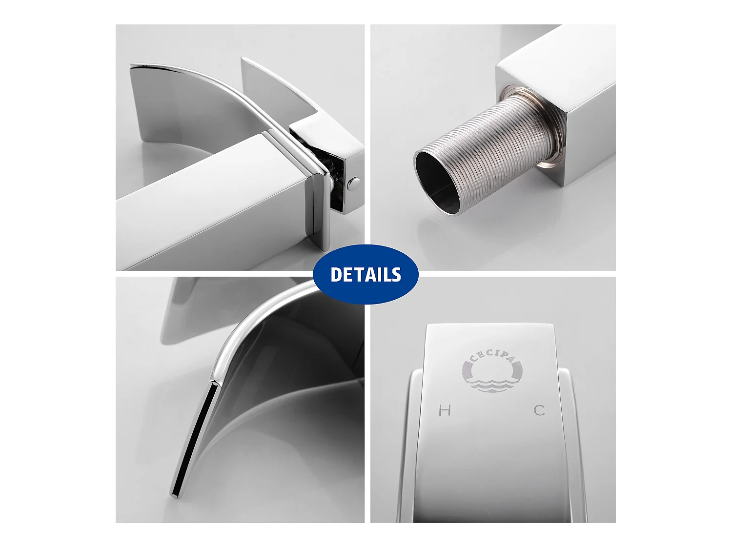 Cecipa max Mezclador de Lavabo en Cascada Cromado y Grifo para Lavabo Cuadrado de Acero Inoxidable, Modelo UE