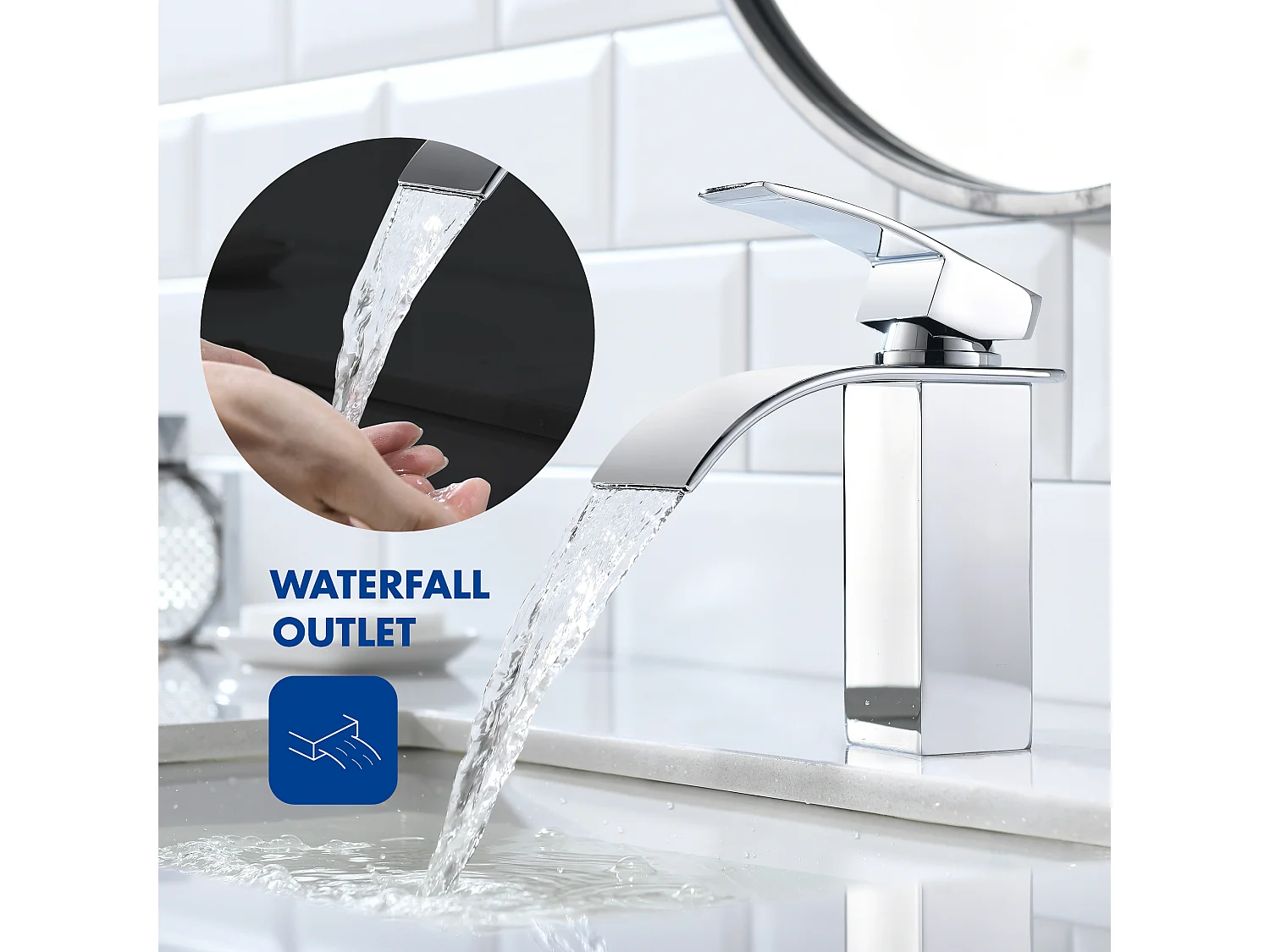 Cecipa max Chroom Waterval Wastafelmengkraan en Wastafelkraan RVS Vierkant, EU-model