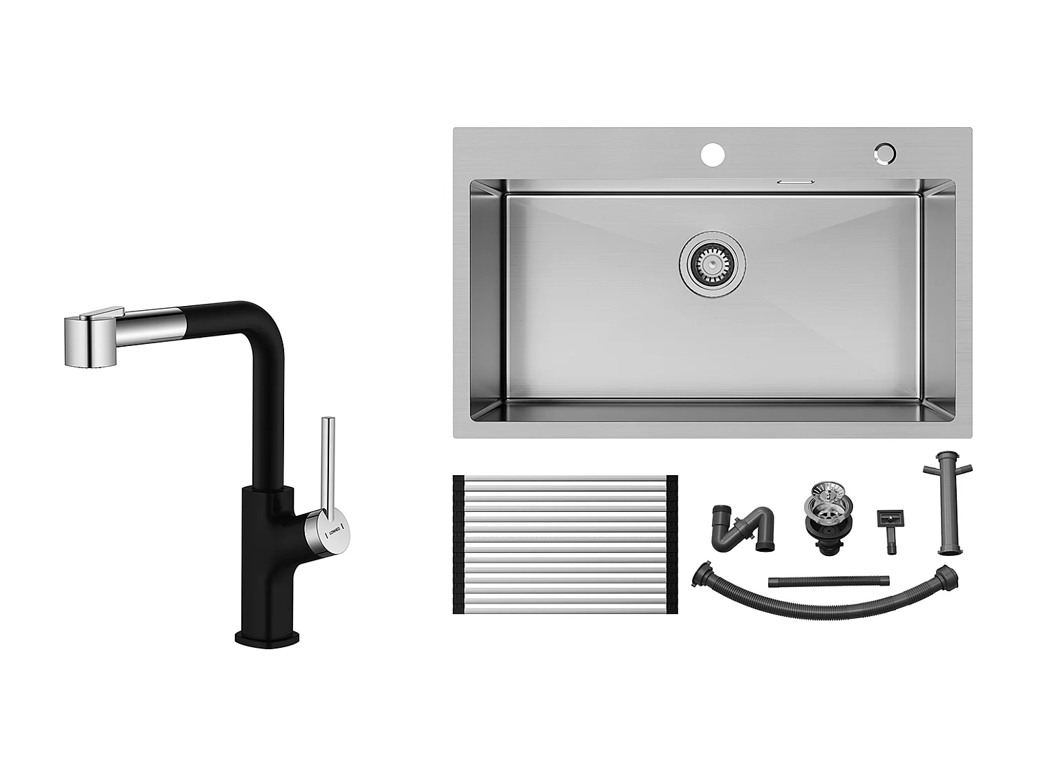 Auralum MAX Fregadero Cocina 1 Tanque Inox Cepillado75*45*19CM-Lavabo 1 Bandeja con Escurridor plegable+Grifo Cocina Negro con Ducha Extraíble,2 Jets