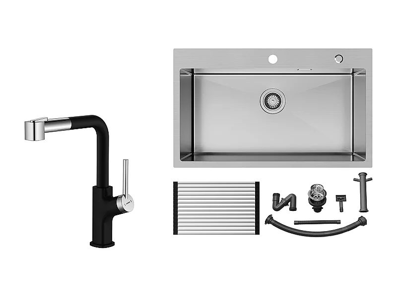Auralum MAX Gootsteen 1 Bak Geborsteld Roestvrij Staal75*45*19CM-Spoelbak 1 Bak met Opvouwbare Afdruiprek+Zwarte Keukenkraan met Uittrekbare Douche,2 Jets