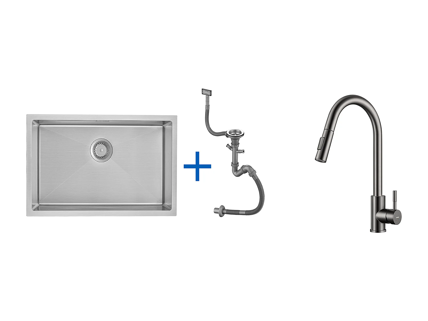 Évier Cuisine 1 Bac 70*44*19CM,à Encastrer/Fleur/Sous-Plan,avec Siphon/Trop-Plein,Brossé+Robinet Cuisine Douchette Extractible Gris Foncé