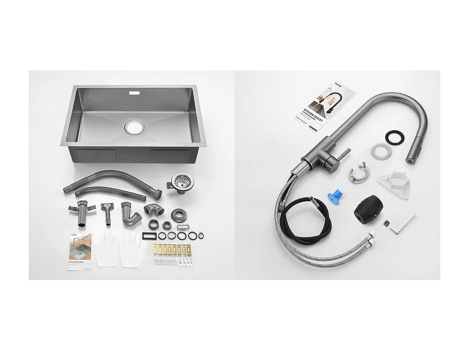 Évier Cuisine 1 Bac 70*44*19CM,à Encastrer/Fleur/Sous-Plan,avec Siphon/Trop-Plein,Brossé+Robinet Cuisine Douchette Extractible Gris Foncé