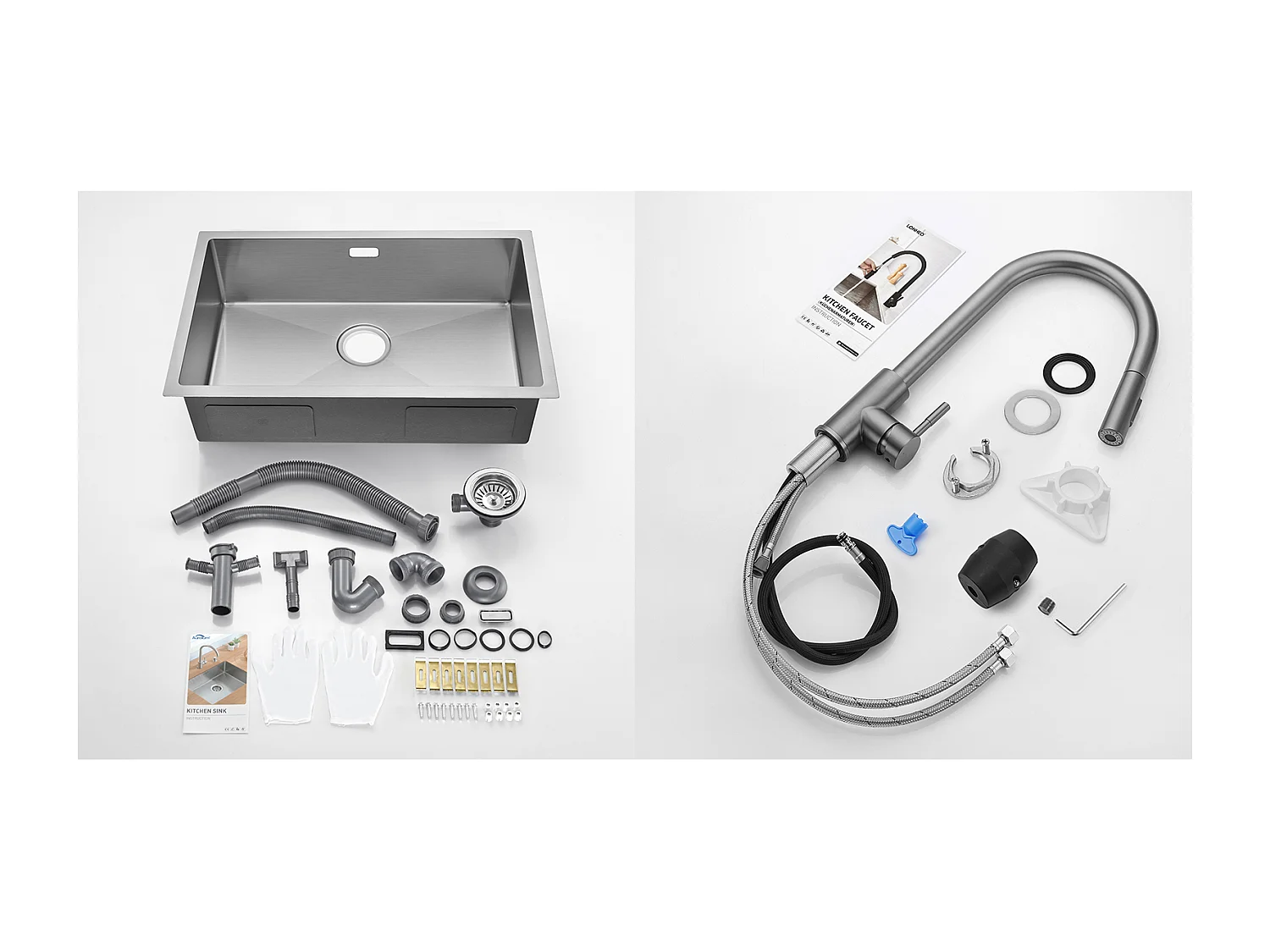 Fregadero Cocina 1 Bandeja 70*44*19CM, Empotrable/Fleur/Sous-Plan,con Sifón/Trop-Plein,Cepillado+Grifo Cocina Ducha Extraíble Gris Oscuro