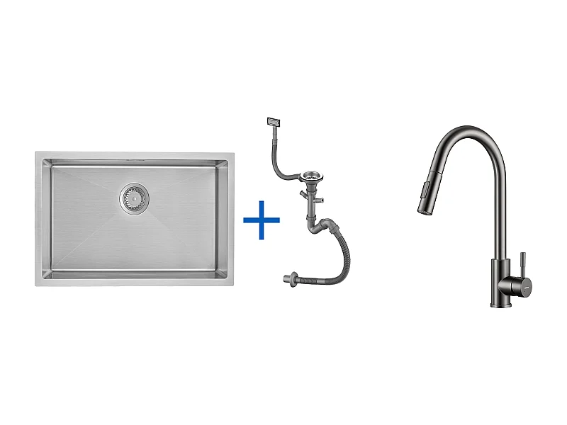 Évier Cuisine 1 Bac 70*44*19CM,à Encastrer/Fleur/Sous-Plan,avec Siphon/Trop-Plein,Brossé+Robinet Cuisine Douchette Extractible Gris Foncé