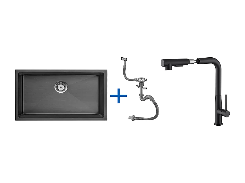 Évier de Cuisine 1 Bac 70*44*19CM,à Encastrer/Fleur/Sous-Plan,Siphon/Trop-Plein+Robinet Cuisine avec Douchette Extractible Rotatif 360°, Noir