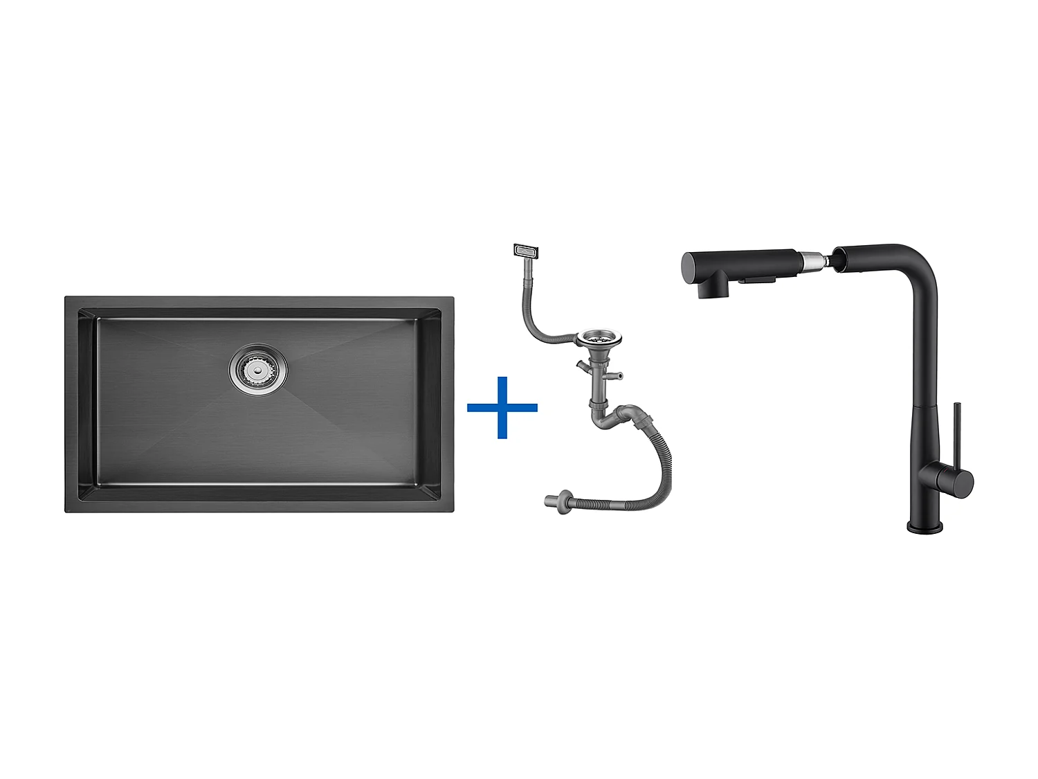 Évier de Cuisine 1 Bac 70*44*19CM,à Encastrer/Fleur/Sous-Plan,Siphon/Trop-Plein+Robinet Cuisine avec Douchette Extractible Rotatif 360°, Noir