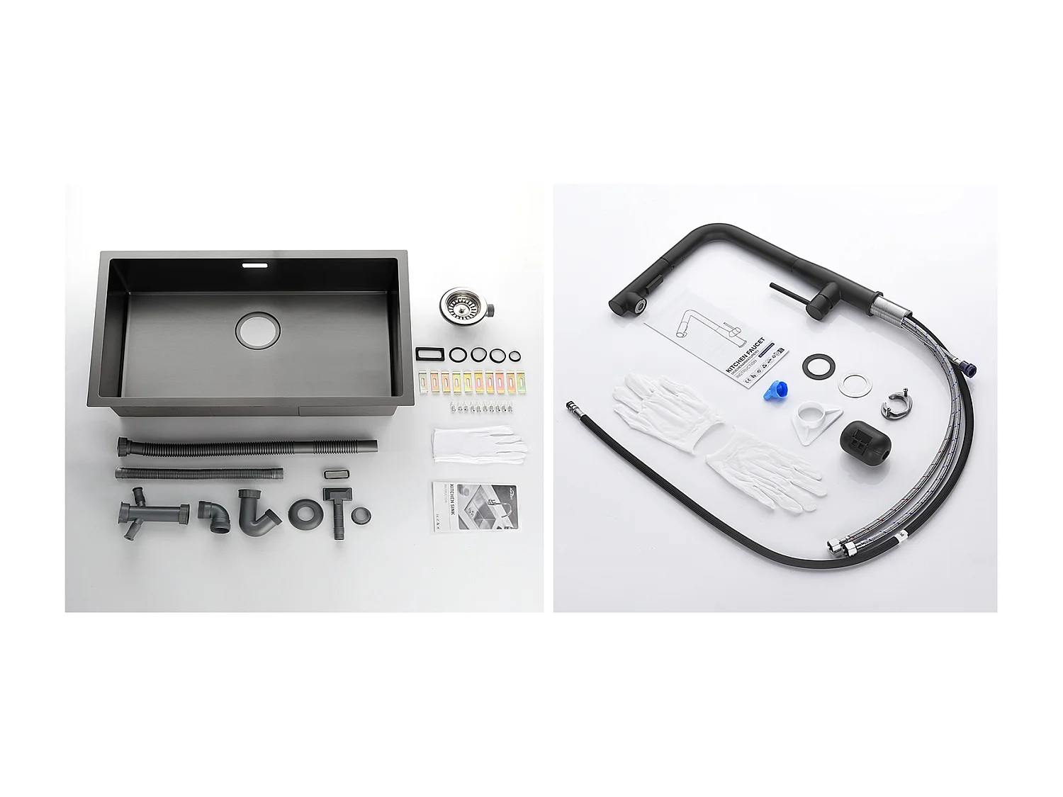 Évier de Cuisine 1 Bac 70*44*19CM,à Encastrer/Fleur/Sous-Plan,Siphon/Trop-Plein+Robinet Cuisine avec Douchette Extractible Rotatif 360°, Noir