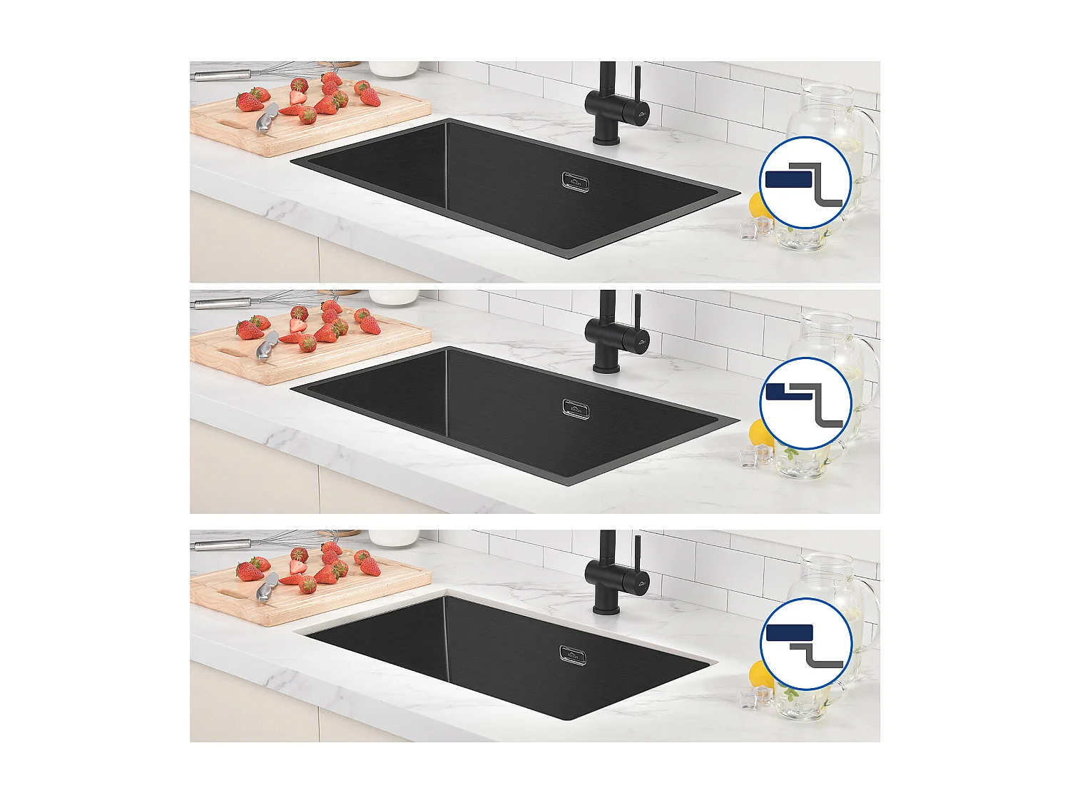 Évier de Cuisine 1 Bac 70*44*19CM,à Encastrer/Fleur/Sous-Plan,Siphon/Trop-Plein+Robinet Cuisine avec Douchette Extractible Rotatif 360°, Noir