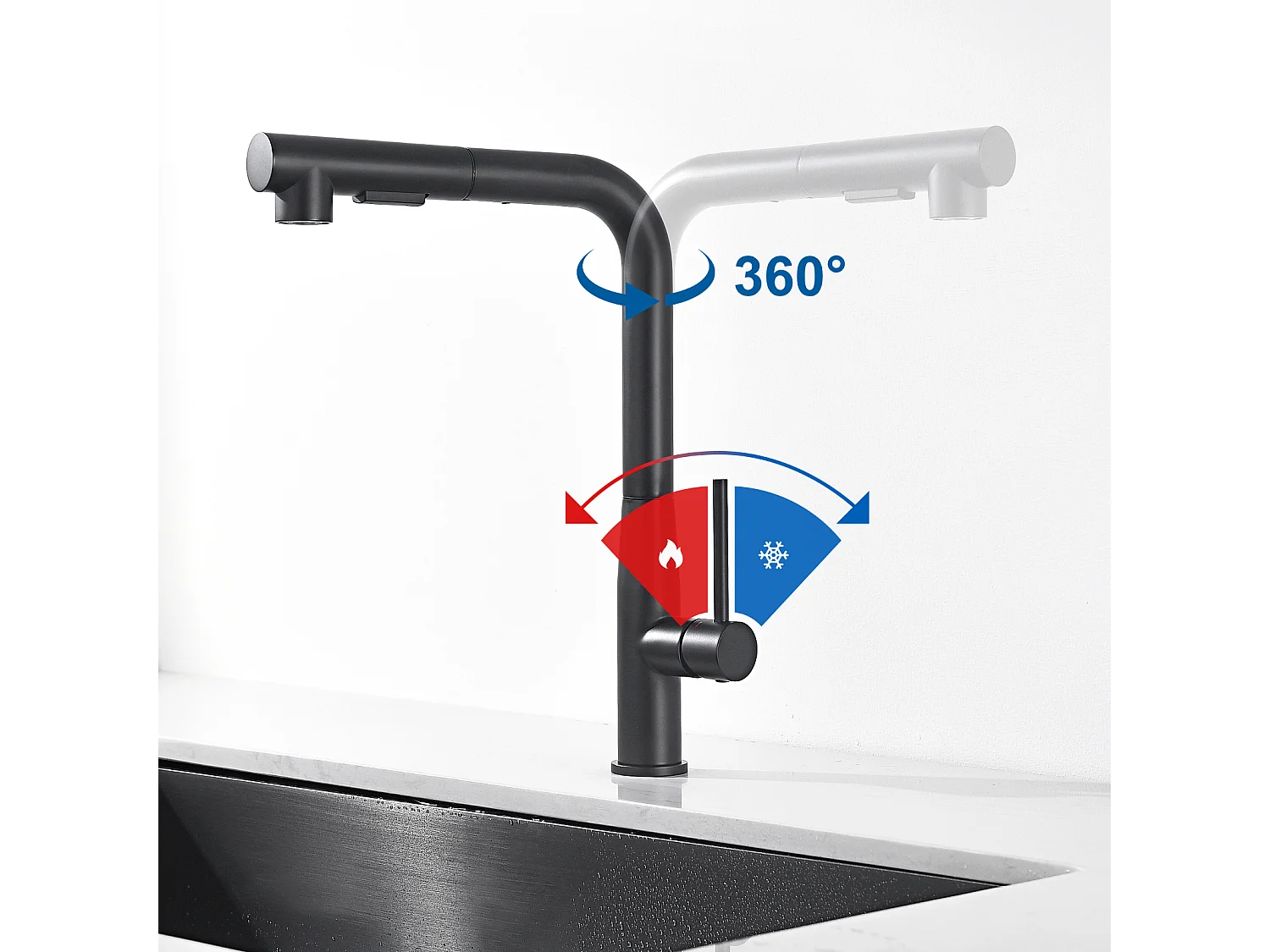 Évier de Cuisine 1 Bac 70*44*19CM,à Encastrer/Fleur/Sous-Plan,Siphon/Trop-Plein+Robinet Cuisine avec Douchette Extractible Rotatif 360°, Noir