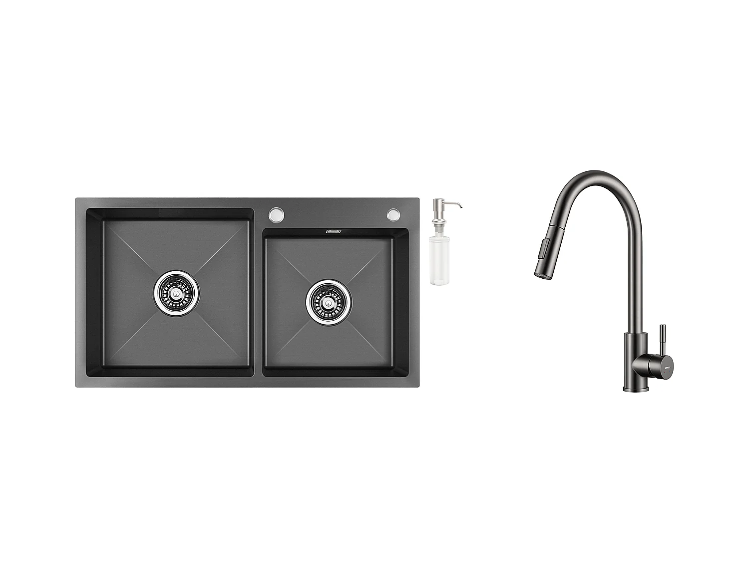 2en1 Évier Cuisine 2 Bacs,Noir,75x45x19cm,Encastré/ à Poser avec Distributeur Savon+Robinet Cuisine Douchette Extractible Gris Foncé