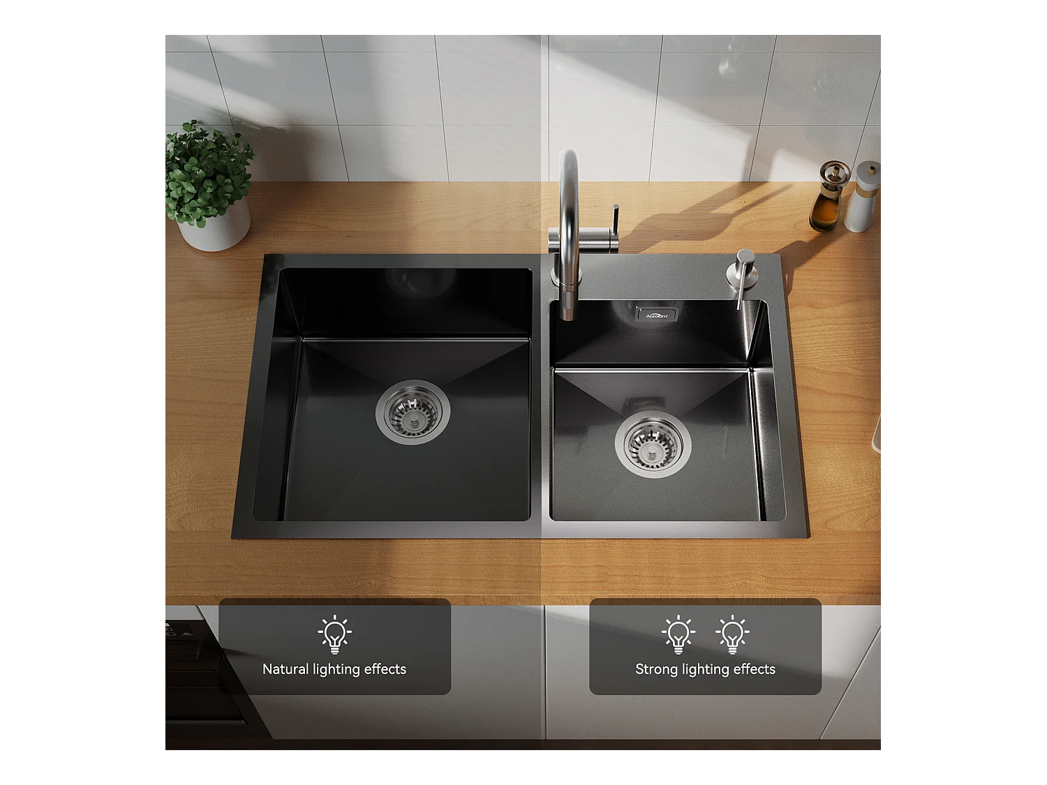 2in1 Aanrecht 2 Bakken,Zwart,75x45x19cm, Inbouw/ Opzetbaar met Zeepdispenser+Kraan Keuken Uittrekbare Douchekop Donkergrijs