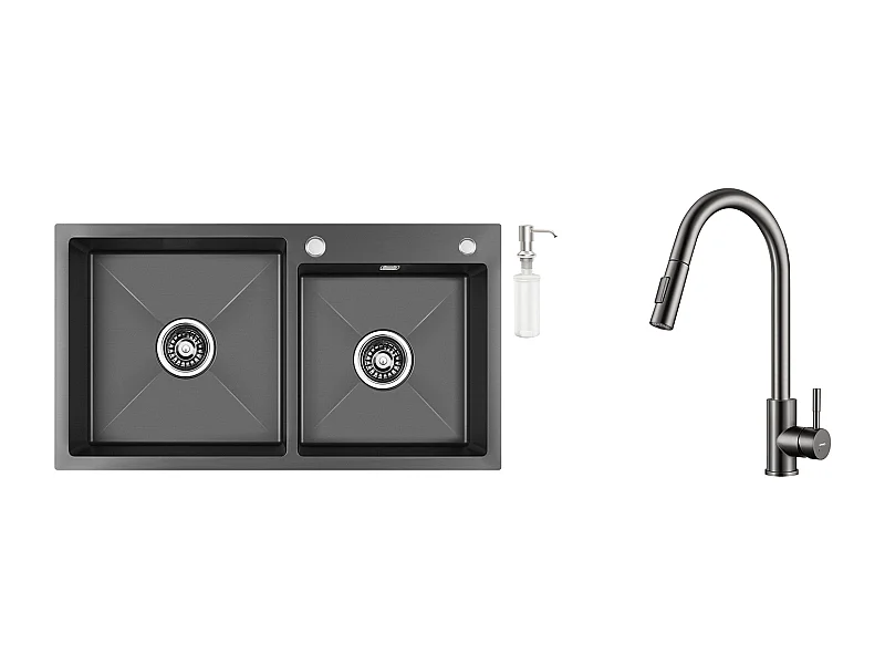 2in1 Aanrecht 2 Bakken,Zwart,75x45x19cm, Inbouw/ Opzetbaar met Zeepdispenser+Kraan Keuken Uittrekbare Douchekop Donkergrijs