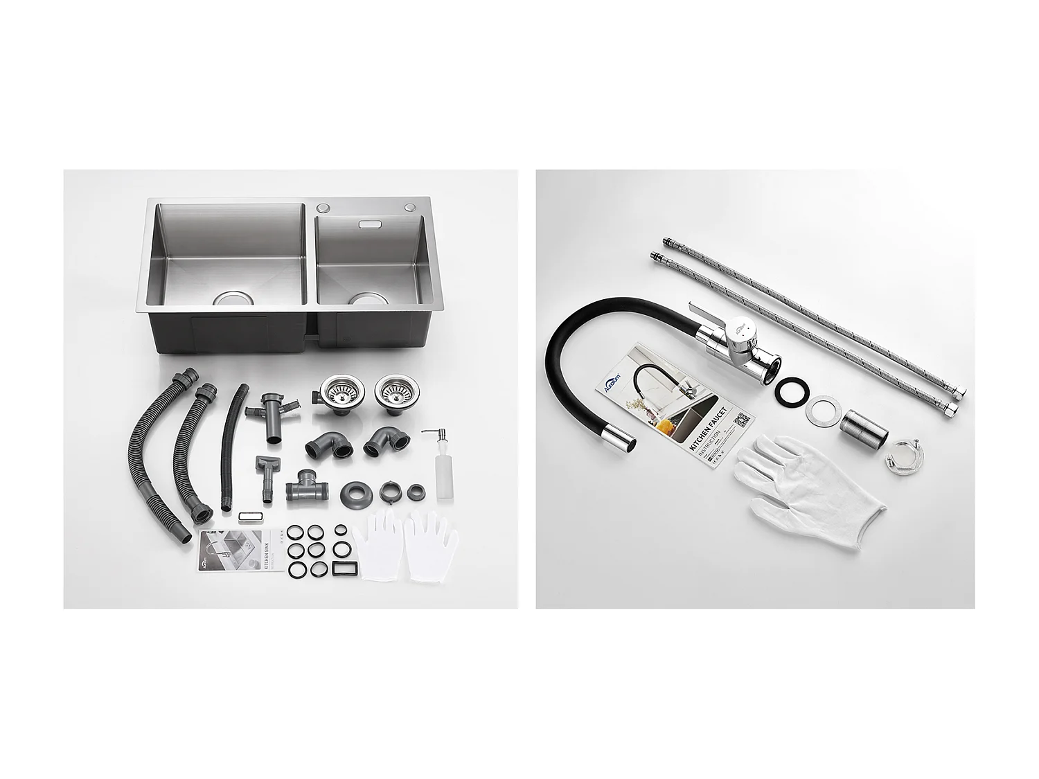 2-in-1-Küchenspüle, 2 Becken, 75 x 45 x 19 cm, Einbauspüle/Aufsatzspüle mit Seifenspender + flexiblem Küchenhahn, hoher schwenkbarer Auslauf