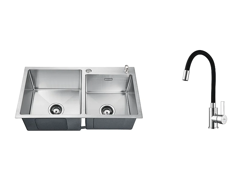 2 en 1 Évier de Cuisine 2 Bac 75x45x19cm,Encastré/ à Poser avec Distributeur de Savon+Robinet de Cuisine Flexible Bec Haut Orientable
