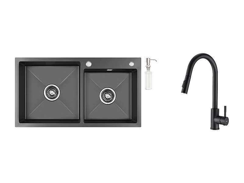 Fregadero Cocina 2 Contenedores,75x45x19cm,Empotrado/Ponible con Dispensador Jabón+Grifo Cocina Negro,Extragible Rotativo 360 °, 2 Funciones