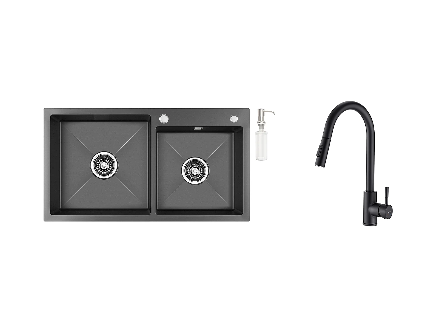 2en1 Évier  Cuisine 2 Bacs,75x45x19cm,Encastré/ à Poser avec Distributeur Savon+Robinet Cuisine Noir,Extractible Rotatif 360 °, 2 Fonctions