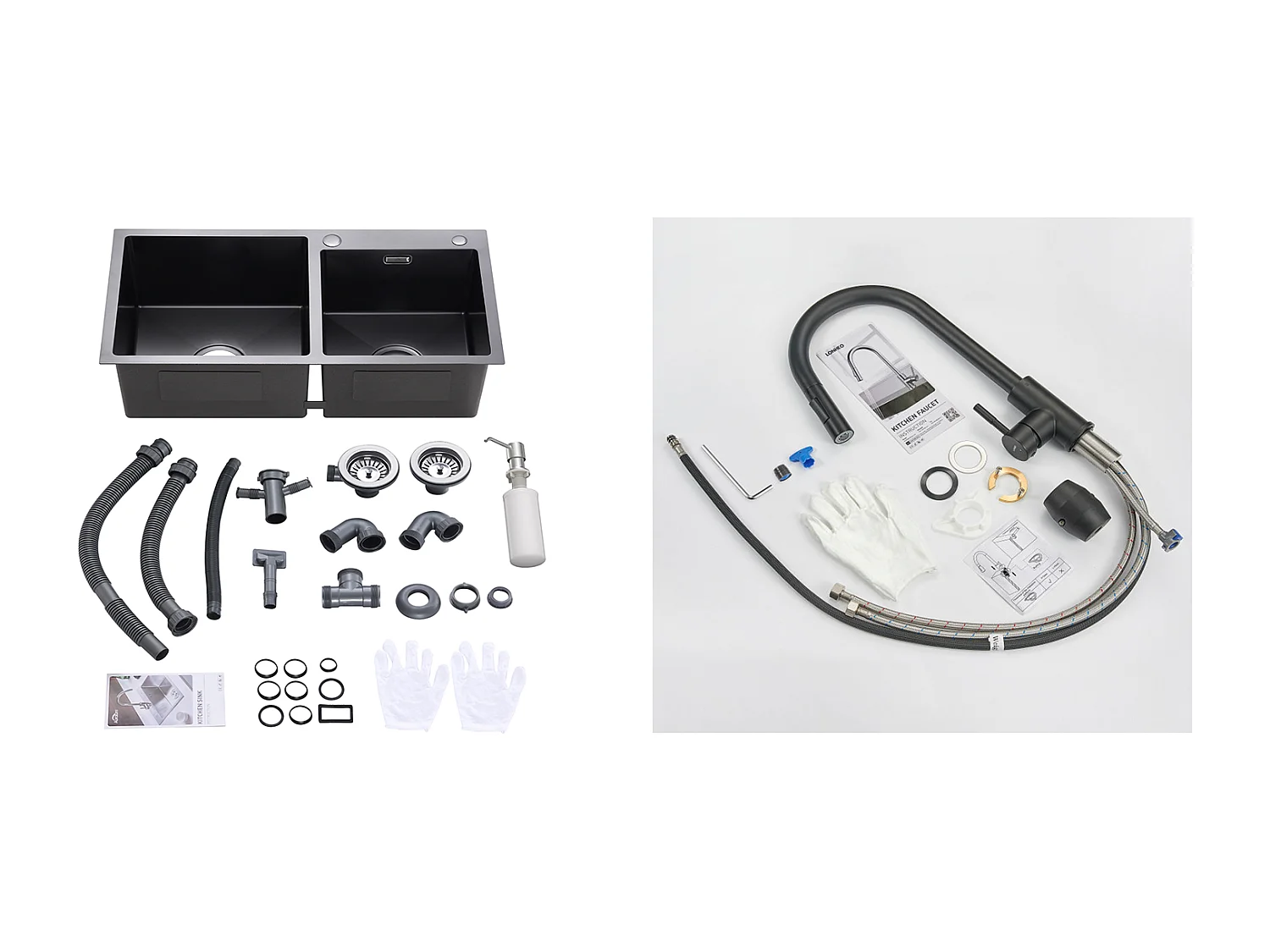 Fregadero Cocina 2 Contenedores,75x45x19cm,Empotrado/Ponible con Dispensador Jabón+Grifo Cocina Negro,Extragible Rotativo 360 °, 2 Funciones